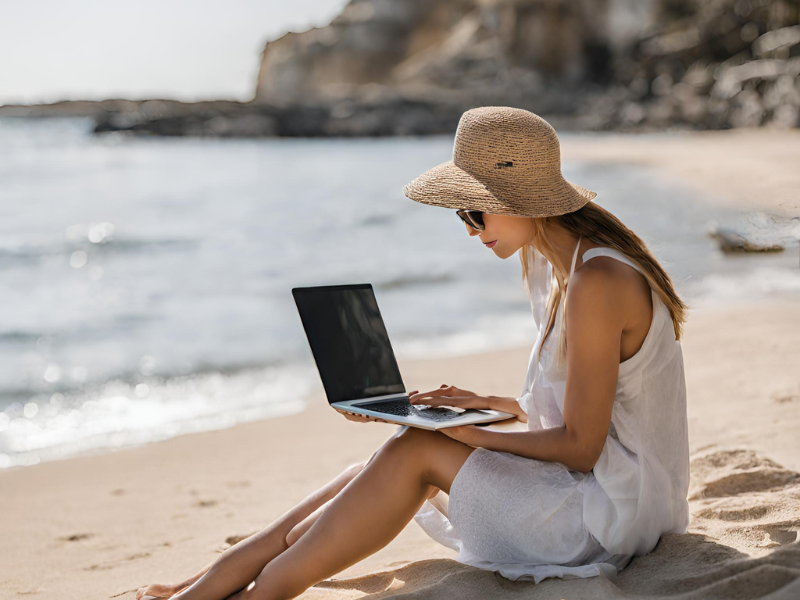 woman with laptop in beach